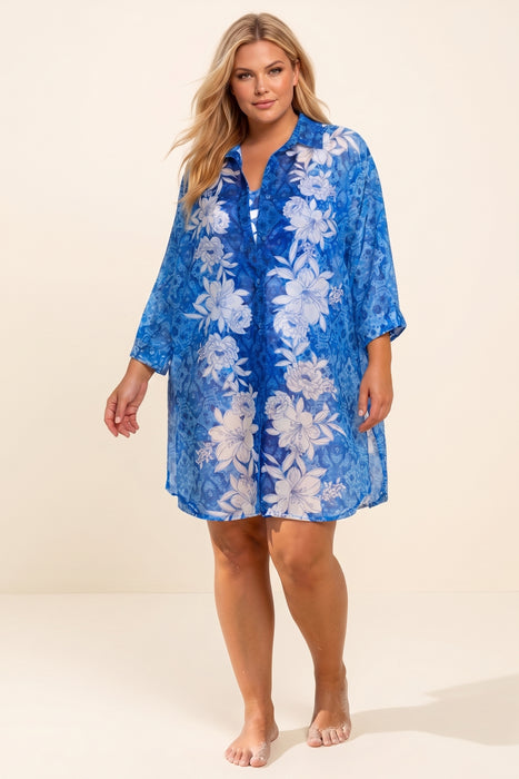 Johnny Was Blue Clio Mix Button Down Shirt Dress CSW8124-MX Plus Size