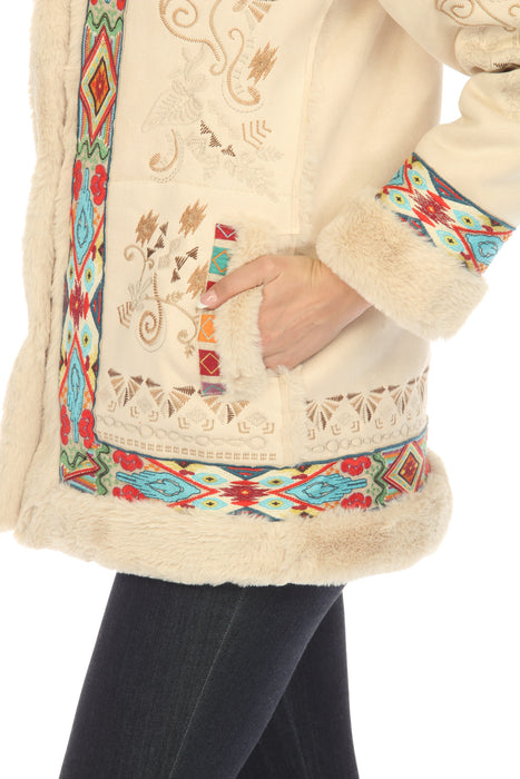 Johnny Was Cream Hepburn Ski Embroidered Faux Fur Coat Boho Chic R48523