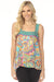 Woman wearing a colorful paisley patterned tank top with square neckline and wide straps from Johnny Was