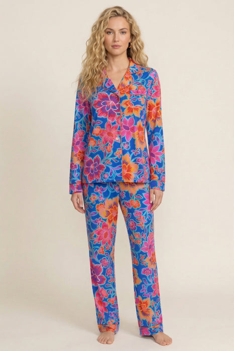 Johnny Was Carly PJ Set floral cotton blend pajamas, women’s long sleeve button-front top with elastic waist pants, colorful luxury loungewear set