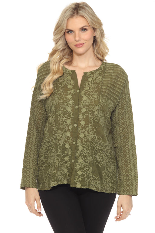 Johnny Was Style C15423 Dark Army Martin Retreat Embroidered Button Down Top