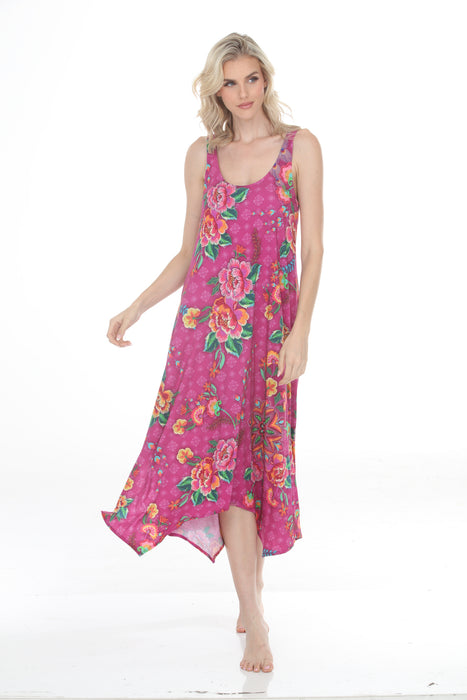 Woman wearing a pink midi tank sleep dress with colorful floral print from Johnny Was