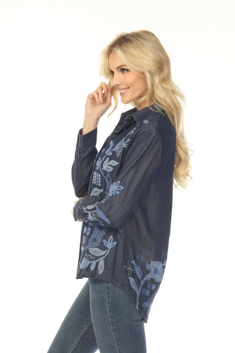 Johnny Was Denim Blue Embroidered Button Down Shirt 8077-JJ