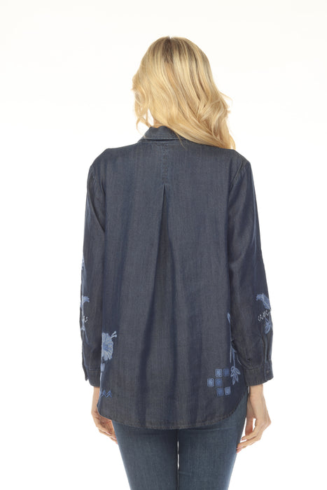 Johnny Was Denim Blue Embroidered Button Down Shirt 8077-JJ