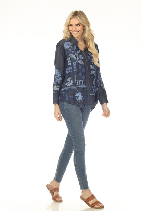Johnny Was Denim Blue Embroidered Button Down Shirt 8077-JJ