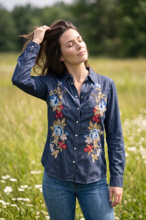 Johnny Was Denim Blue Hannah Western Seamed Shirt  W18426-1