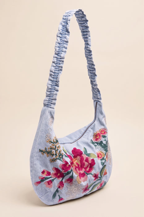 Johnny Was Denim Blue Floral Zipper Ruched Strap Crossbody Bag W01326-1
