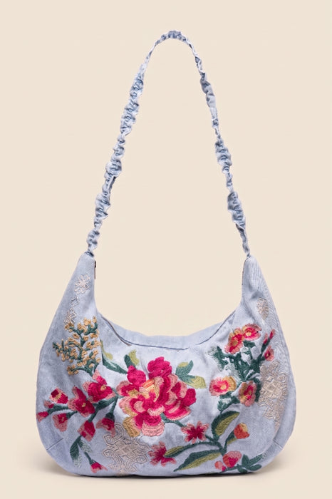 Johnny Was Denim Blue Floral Zipper Ruched Strap Crossbody Bag W01326-1