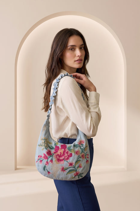 Johnny Was Denim Blue Floral Zipper Ruched Strap Crossbody Bag W01326-1