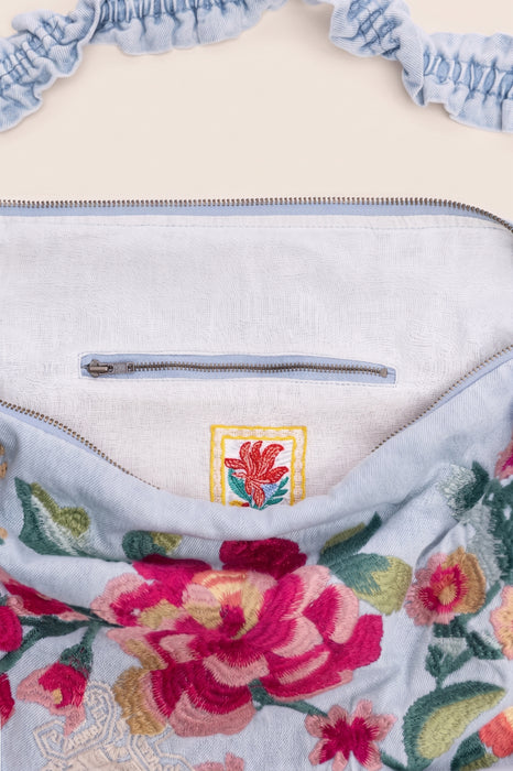 Johnny Was Denim Blue Floral Zipper Ruched Strap Crossbody Bag W01326-1