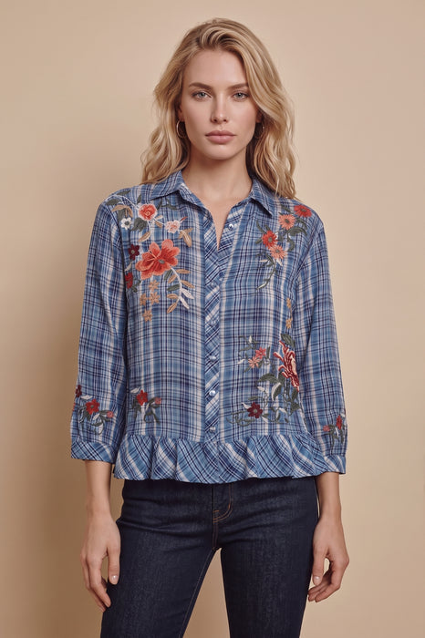 Johnny Was Diana Plaid Long Sleeve Peplum Ruffle Hem Shirt W14125-7