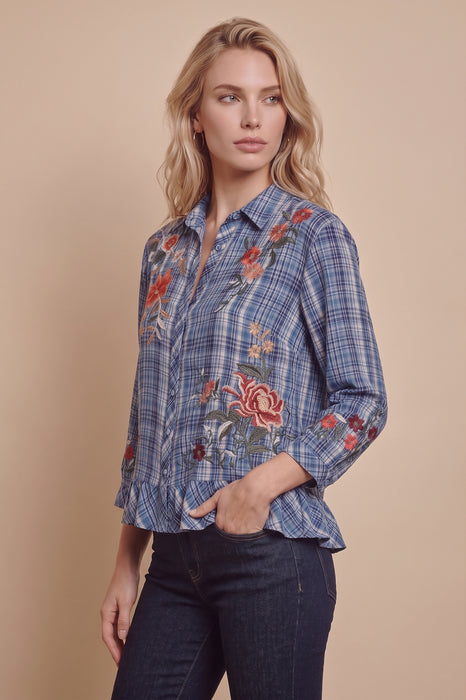 Johnny Was Diana Plaid Long Sleeve Peplum Ruffle Hem Shirt W14125-7