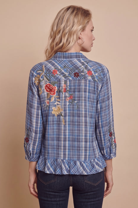 Johnny Was Diana Plaid Long Sleeve Peplum Ruffle Hem Shirt W14125-7