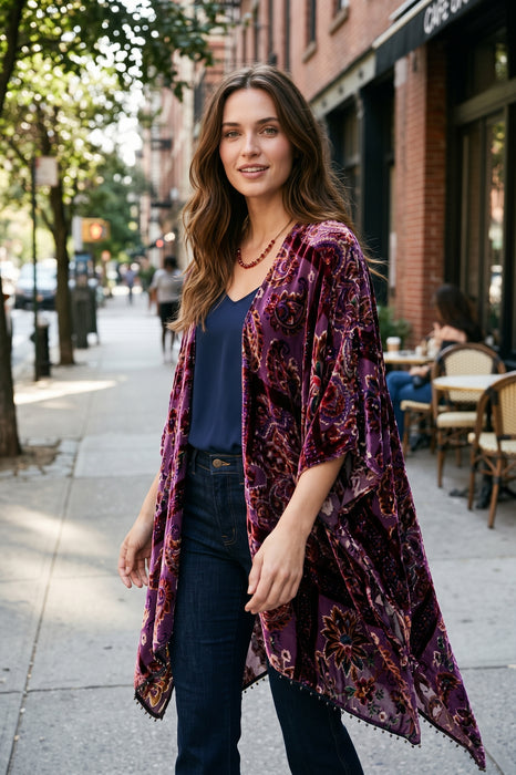 A woman stands on a city sidewalk wearing a long, open-front purple and burgundy patterned cardigan over a navy top and dark jeans. Trees, buildings, and outdoor cafe seating are visible in the background.