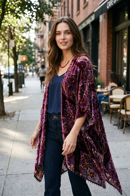 A woman stands on a city sidewalk wearing a long, open-front purple and burgundy patterned cardigan over a navy top and dark jeans. Trees, buildings, and outdoor cafe seating are visible in the background.