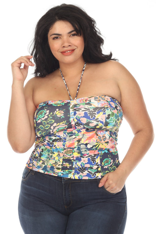 Johnny Was Style CSW9623-FX Drawstring Ruched Tankini Floral Halter Swim Top Plus Size