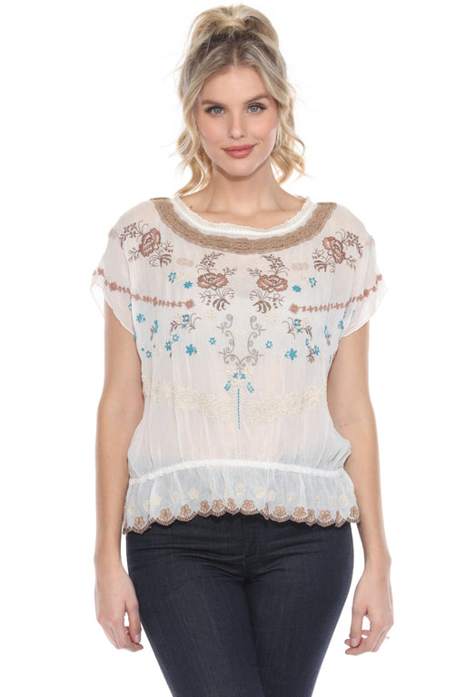 Johnny Was Style JW001 White Embroidered Blouson Dolman Sleeve Blouse