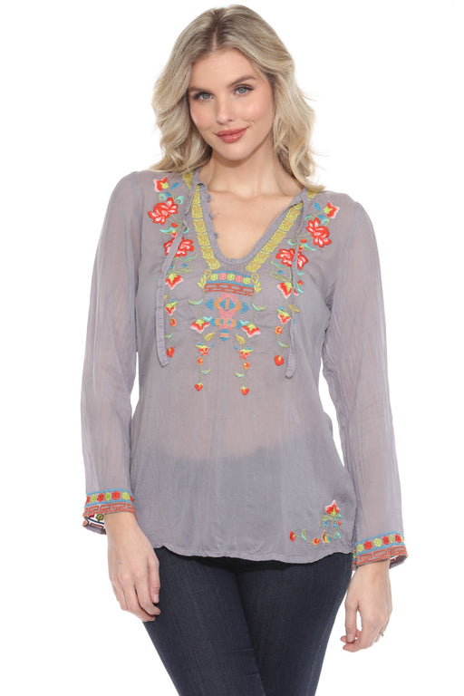 Johnny Was Style JW31123 Embroidered Long Sleeve V-Neck Tie Blouse