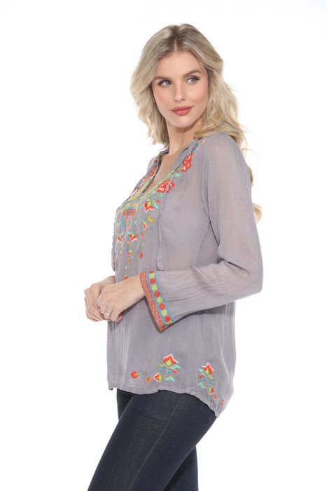 Johnny Was Embroidered V-Neck Tie Blouse JW31123
