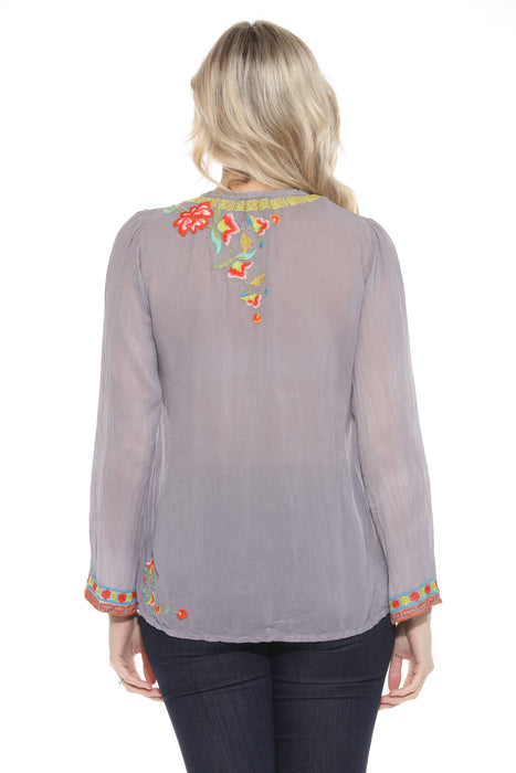 Johnny Was Embroidered V-Neck Tie Blouse JW31123