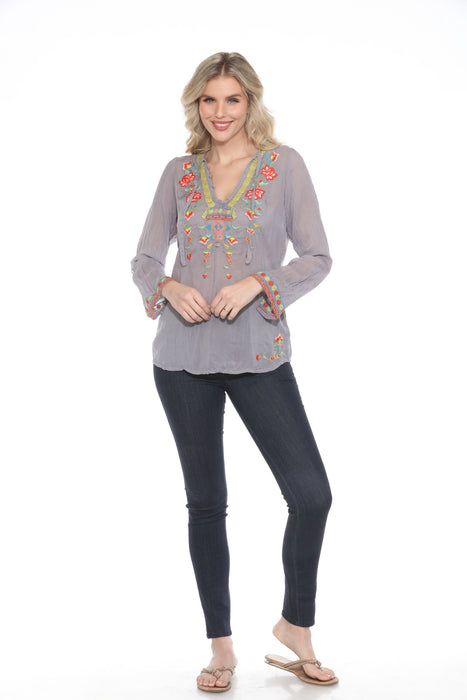 Johnny Was Embroidered V-Neck Tie Blouse JW31123