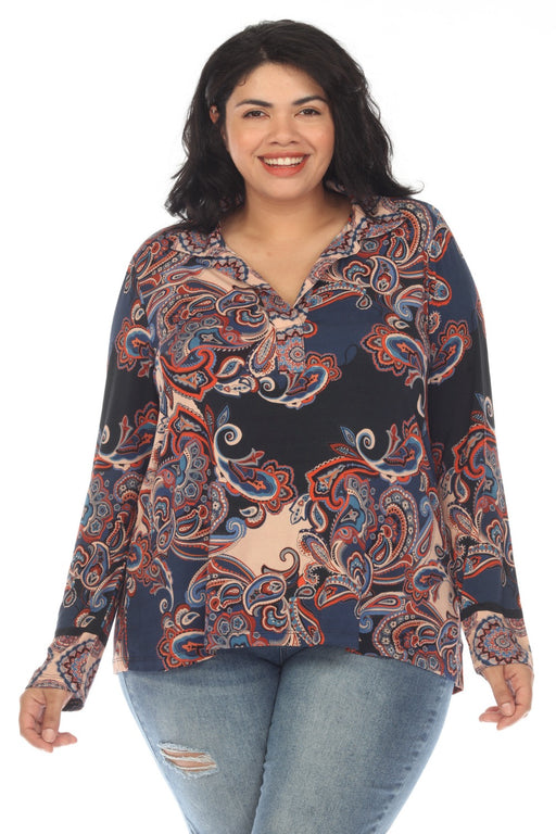 Johnny Was Style T19222 Fall Paisley Long Sleeve Swing Polo Plus Size