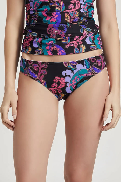 Woman wearing a black paisley printed hipster bikini bottom from Johnny Was