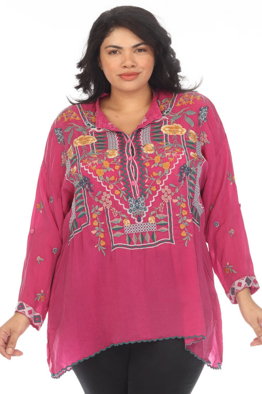 Johnny Was Style C28023-6X Faylin Embroidered Long Sleeve Tunic Top Plus Size
