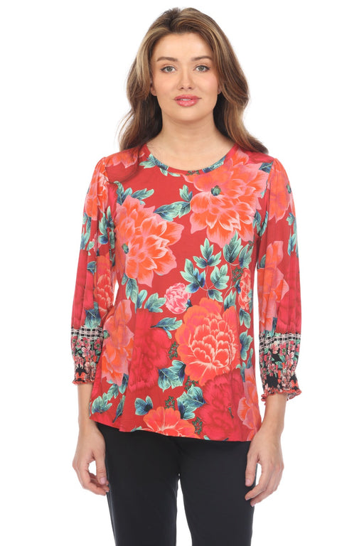 Johnny Was Style T10024 Floral 3/4 Smocked Sleeve Crew Neck Top Boho Chic