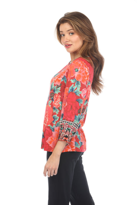 Johnny Was Floral 3/4 Smocked Sleeve Crew Neck Top Boho Chic T10024