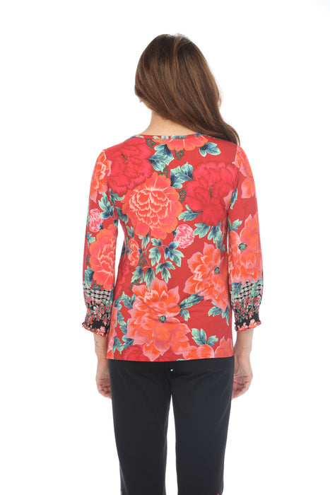 Johnny Was Floral 3/4 Smocked Sleeve Crew Neck Top Boho Chic T10024