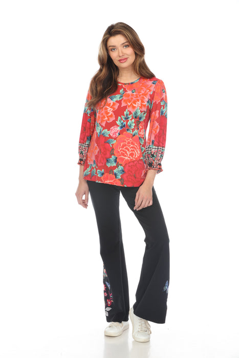 Johnny Was Floral 3/4 Smocked Sleeve Crew Neck Top Boho Chic T10024