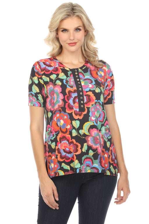 Johnny Was Style T11624 Floral Short Sleeve Henley Tee Boho Chic