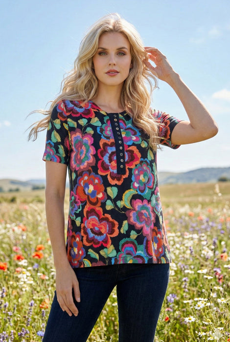 Johnny Was Floral Short Sleeve Henley Tee T11624-9P Petite