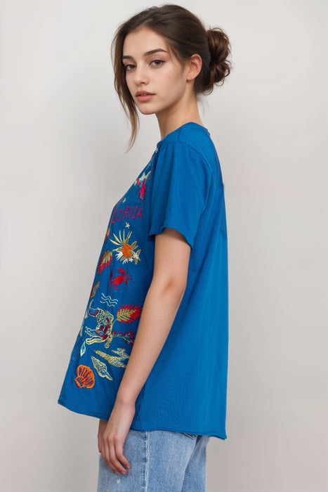 Johnny Was Blue Florida Embroidered Cotton Everyday Tee R16723