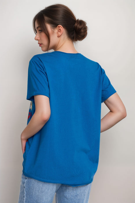 Johnny Was Blue Florida Embroidered Cotton Everyday Tee R16723