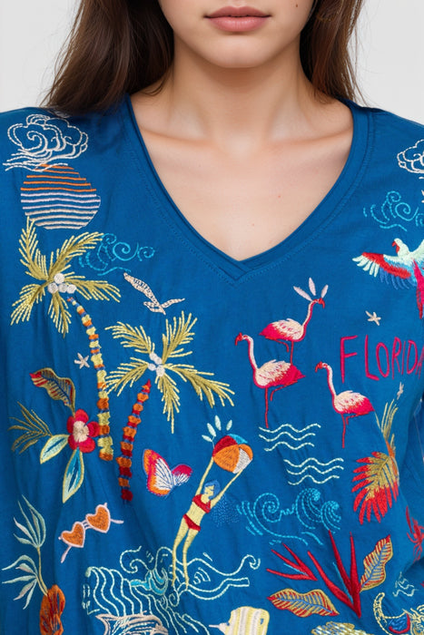 Johnny Was Blue Florida Embroidered Cotton Everyday Tee R16723