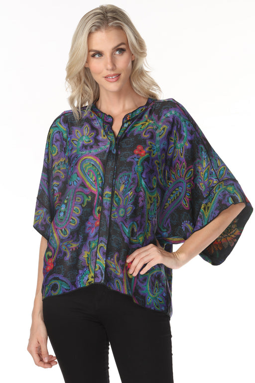 Woman wearing a colorful paisley patterned shrug with 3/4 sleeves from Johnny Was