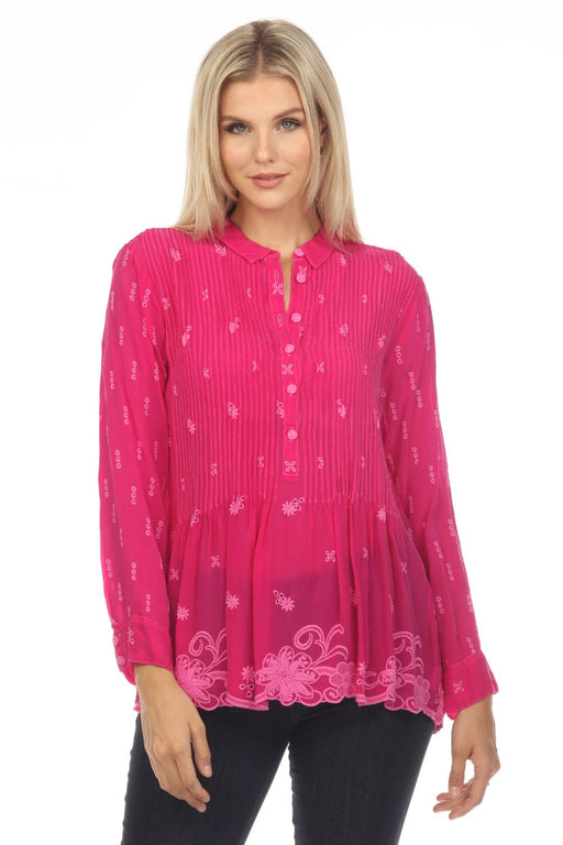 Johnny Was Style C19323 Flower Zoya Pintuck Embroidered Long Sleeve Blouse Boho Chic