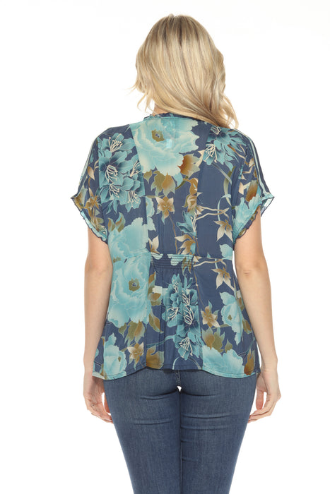 Johnny Was Blue Galavant Floral Silk Blouse C17224B7
