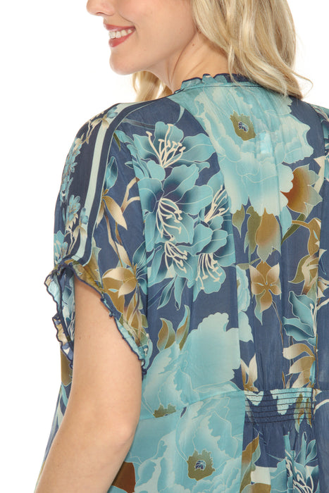 Johnny Was Blue Galavant Floral Silk Blouse C17224B7