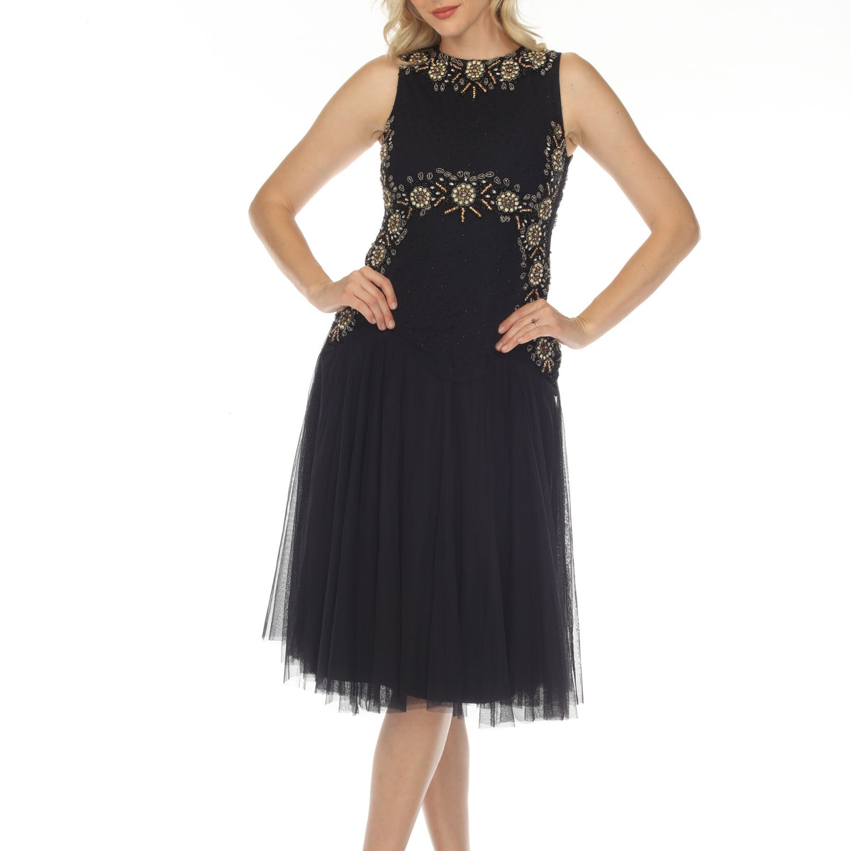 Golden Flower Navy Embellished Mesh Dress