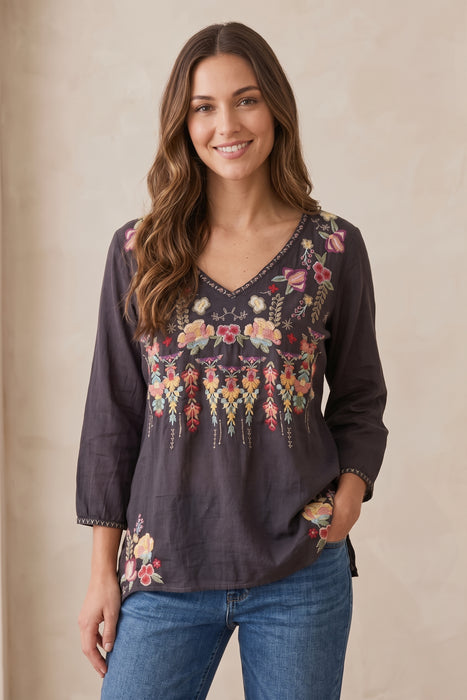 Johnny Was Graphite Nixie Floral Embroidered Blouse C15518-8