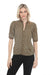 Woman wearing a green button front top with intricate tonal embroidery and short sleeves from Johnny Was