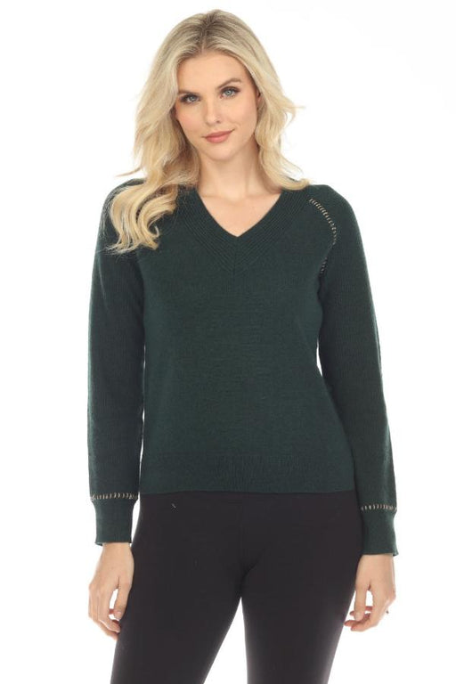 Johnny Was Style M60822 Green Dawn Metallic Whipstitch V-Neck Cashmere Sweater Boho Chic