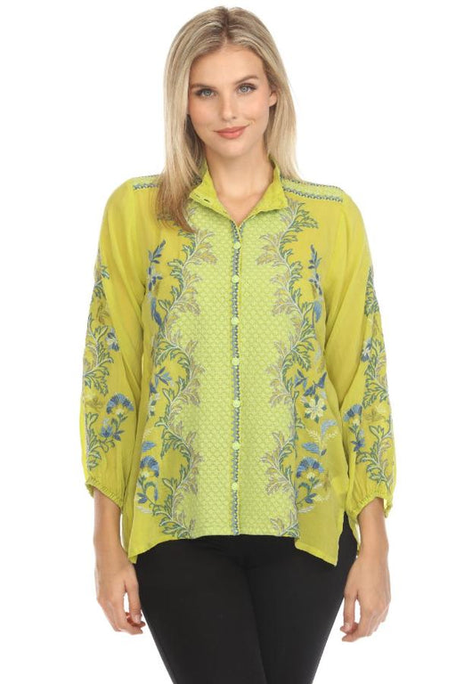 Johnny Was Style C11624-E Green Eleana Embroidered Button-Down Blouse