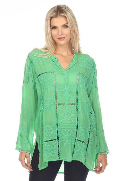 Johnny Was Style C25323 Green Mosaic Embroidered Tunic Top Boho Chic