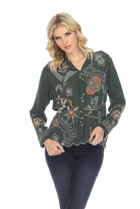 Johnny Was Style C16822 Green Prue Embroidered Long Sleeve Blouse Boho Chic