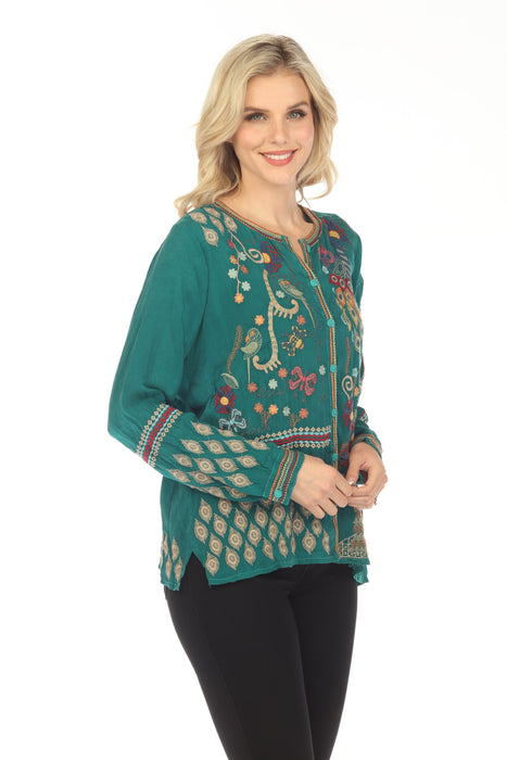 Johnny Was Green Rio Embroidered Button Front Blouse Boho Chic C18023