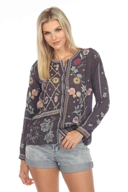 Johnny Was Style C11723 Grey Catina Embroidered Long Sleeve Blouse Boho Chic